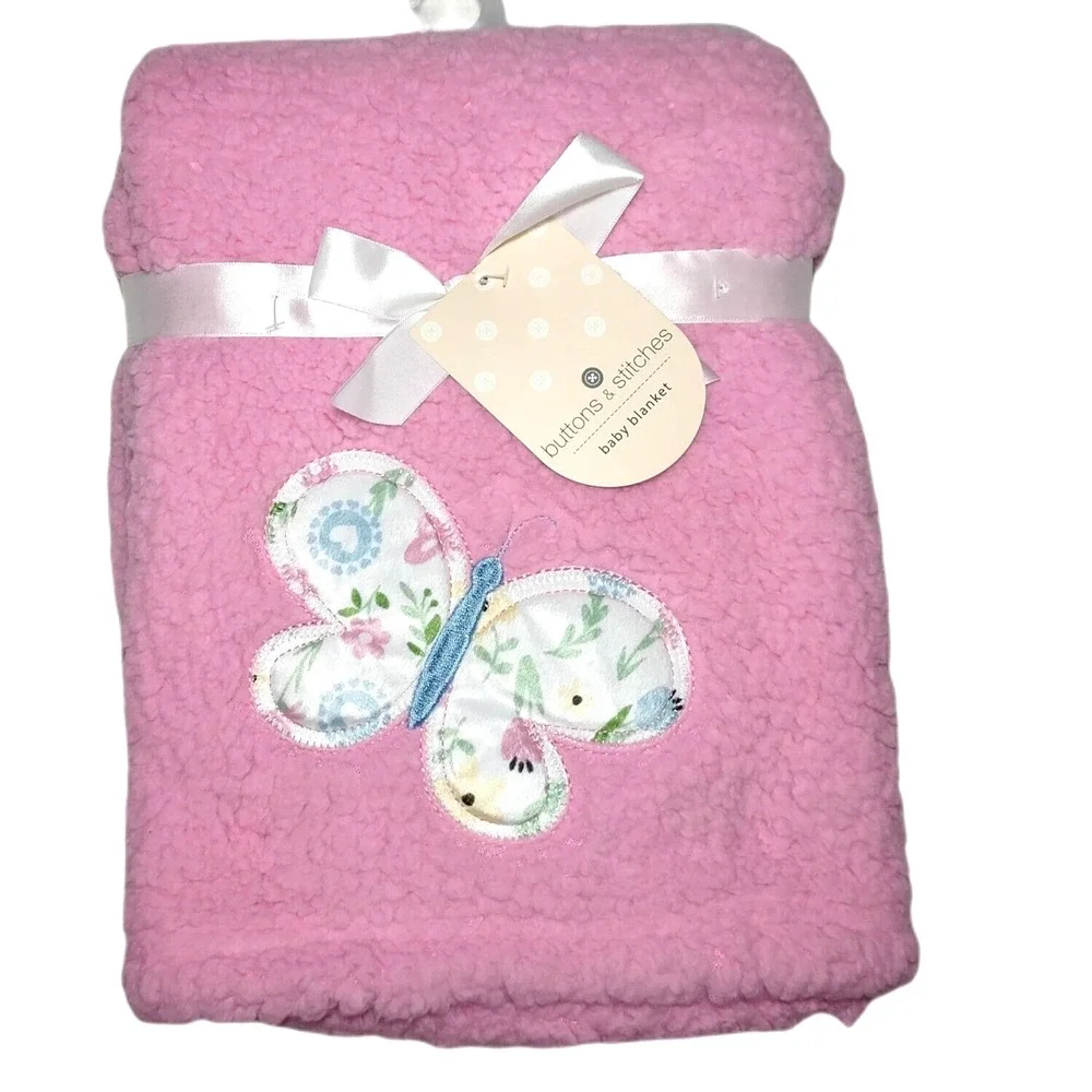 Buttons & Stitches Pink‎ Butterfly Baby Blanket Plush Sherpa Floral Lovey Girl